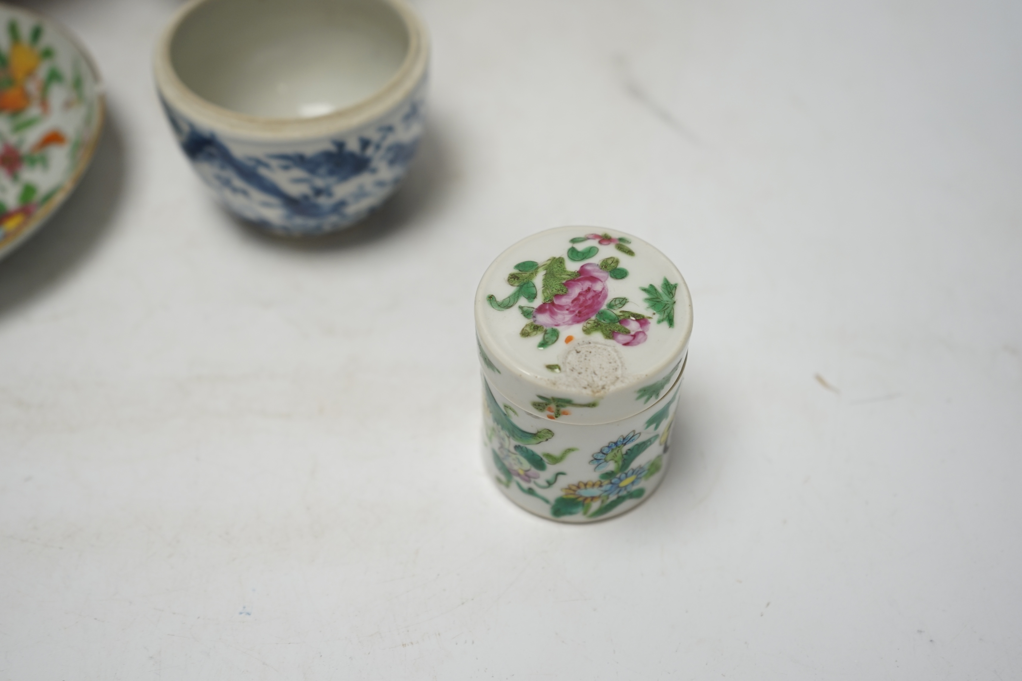 Chinese ceramics to include a sang de boeuf pedestal bowl and a famille rose dish, 20cm diameter. Condition - pedestal dish and one other good, others poor
